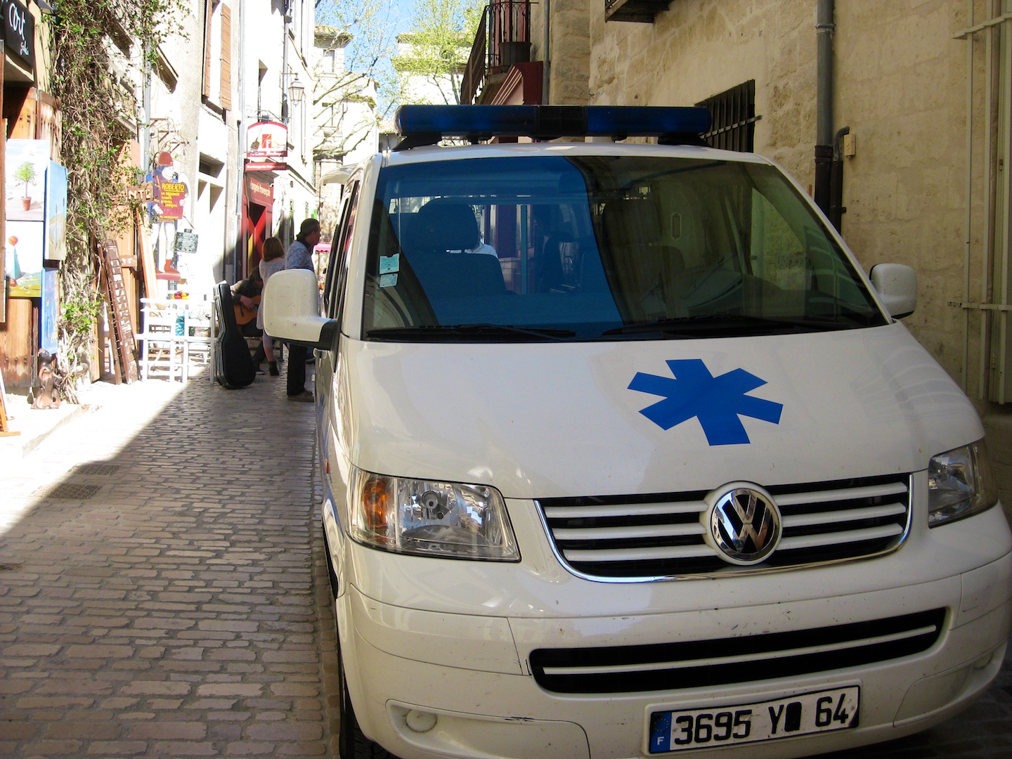 Medical crisis in Uzes, ambulance on Rue du Grande Bougarde Uzes