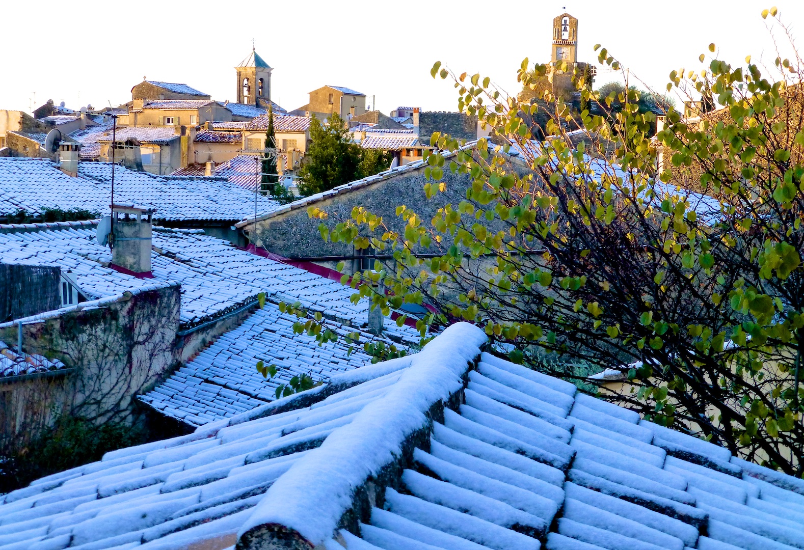 Lourmarin roof tops covered in snow December