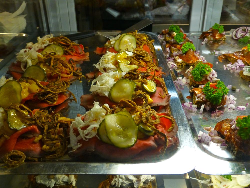 Danish open sandwiches Smørrebrød, for sale at Copenhagen's glass market