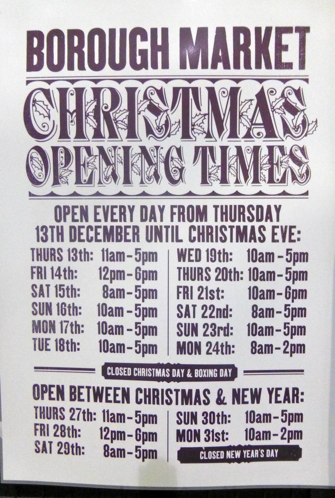 Borough Market opening times December 2012, London, England