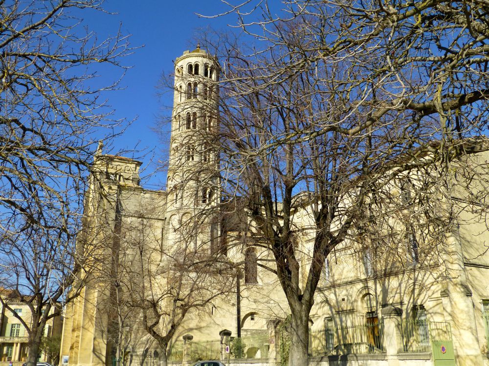 Church and tower is Uzes, Languedoc Rousillon, France