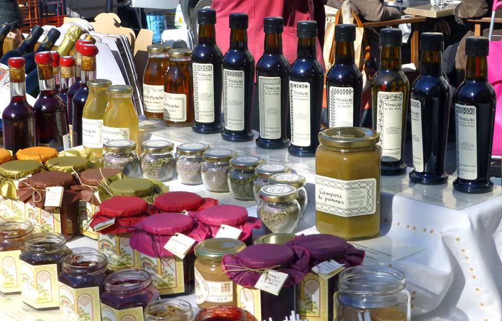 Place aux Herbes, Uzes, local wine and preserves at Wednesday market 