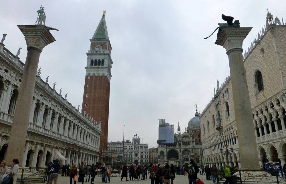 Ancient 'Gate' to Venice, Italy, the Campanile doge's Palace and St Marks in view
