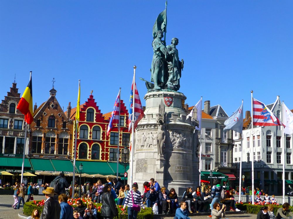 Statue of Jan Breydel and Pieter de Coninck in Grote Market, Bruges, Belgium
