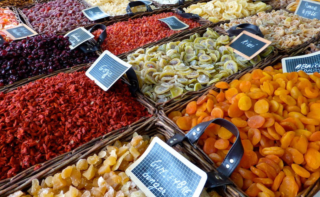 Dried fruits for sale in the Lourmarin market, Luberon, Provence, France