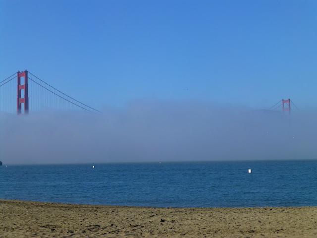 The Golden Gate Bridge through the fog