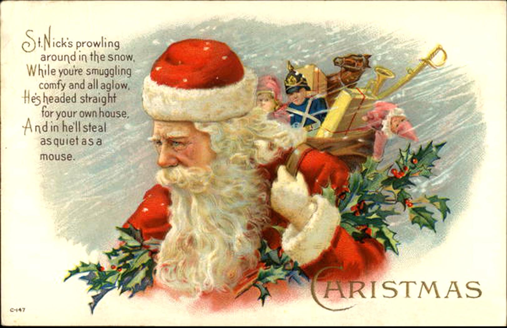 Santa, filling stockings on Christmas Eve night
