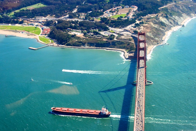 Freight shipping liners under the Bay Bridge