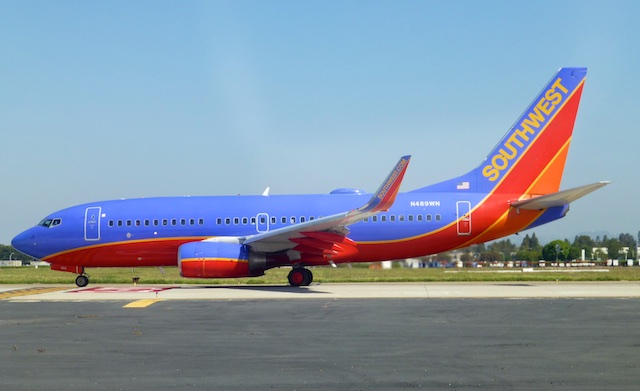 Southwest Airlines taking off ahead of us at John Wayne Airport, Orange County, Southern California