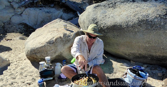 Cooking breakfast on the beach at Lake Tahoe