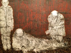 Painting 6 of Jeroen Krabbé's painting's 'The Demise of Abraham Reiss', Sobibor,1943