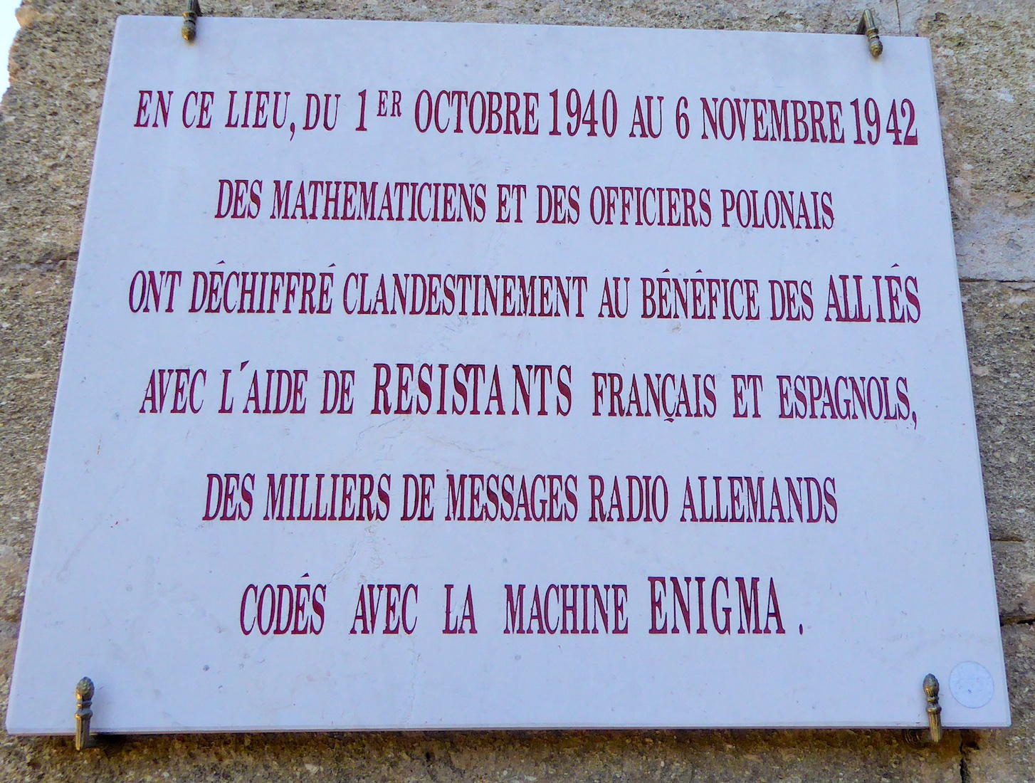 Commemorative plaque to the Polish code breakers, outside Château des Fouzes, Uzes, France, who first cracked the Enigma code