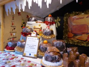 Christmas market cake stall in Aix en Provence, Bouche du Rhone, Provence, France