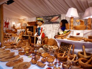 Christmas market stall selling olive wood in Aix en Provence, Bouche du Rhone, Provence, France