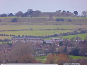 Close up view of Old Sarum from the top of Salisbury Cathedral tower, Salisbury, Wiltshire, England