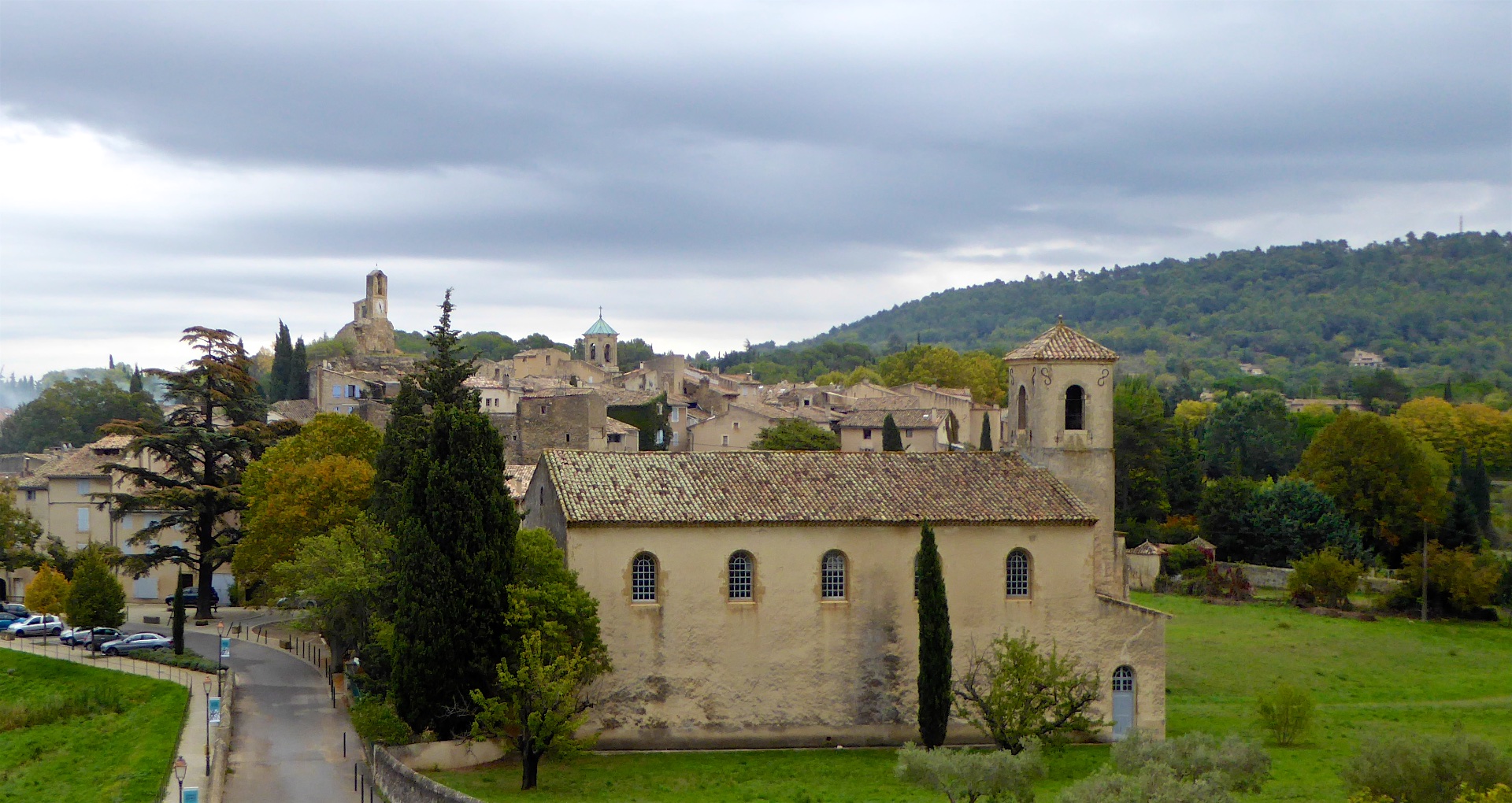 Winter's view from the courtyard at Lourmarin chateau, Lounrarin, Luberon, Provence in the rain