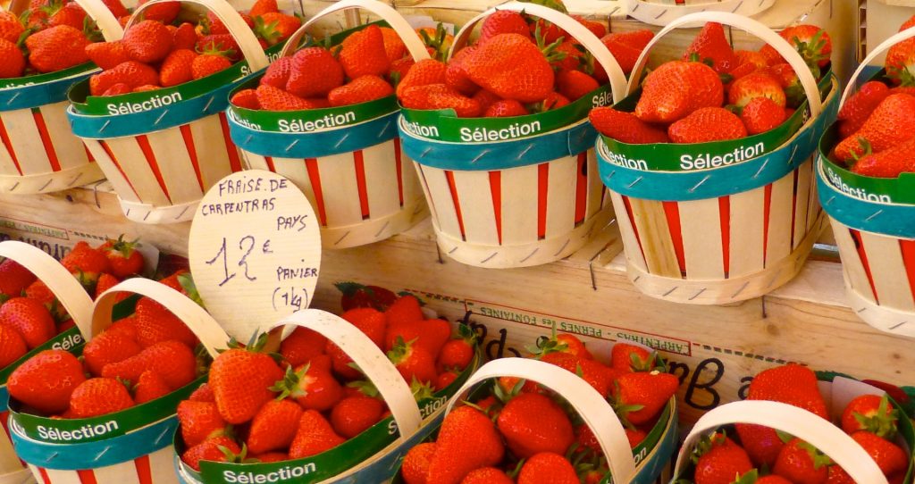 Strawberries in Lourmarin's market, Lourmarin, Luberon, Provence, France