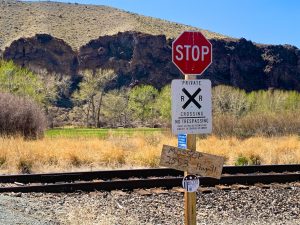 Crossing the railway at Melrose, Montana, USA