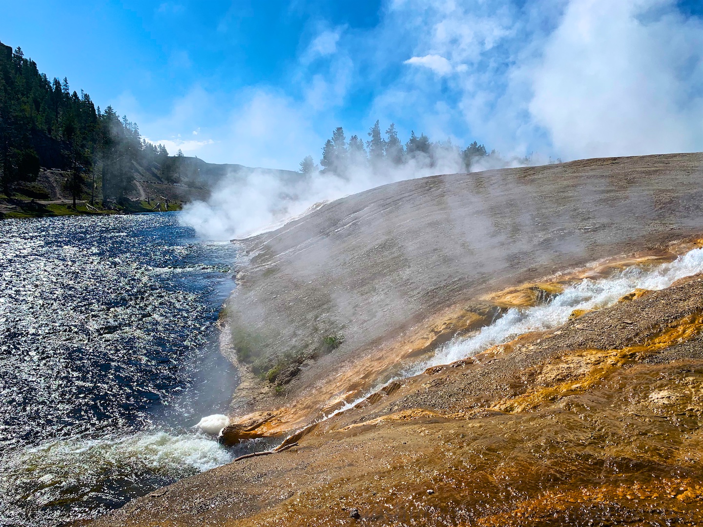 Hot water flowing from Midway Geyser Basin, into The Firehole River at Yellowstone National Park, USA