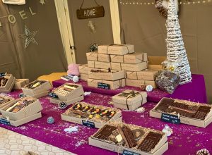 Christmas hut selling chocolate goods in Aix-en-Provence, Provence, France