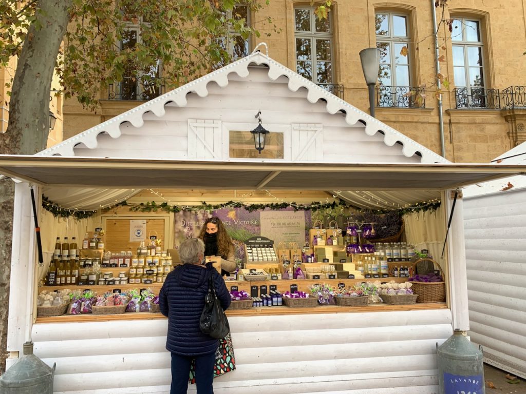 Lavender Christmas market hut in Aix-en-Provence, Luberon, Provence, France