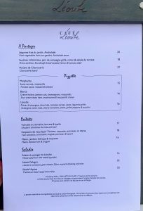 Menu at Café Léoube, Pellegrin Beach, Bormes-les-Mimosas, Var, Provence, France