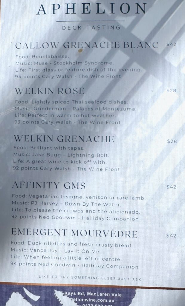 Wine tasting list at Aphelion McLaren Vale South Australia