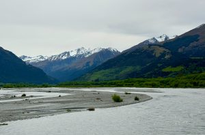 Flood plain on road to Paradise from Glenorchy, near Queenstown, South Island New Zealand