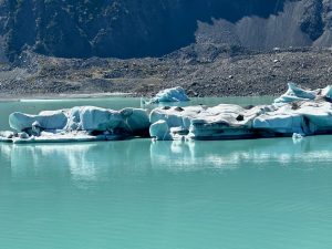 Icebergs on Tasman glacier lake, Mt Cook, South Island New Zealand