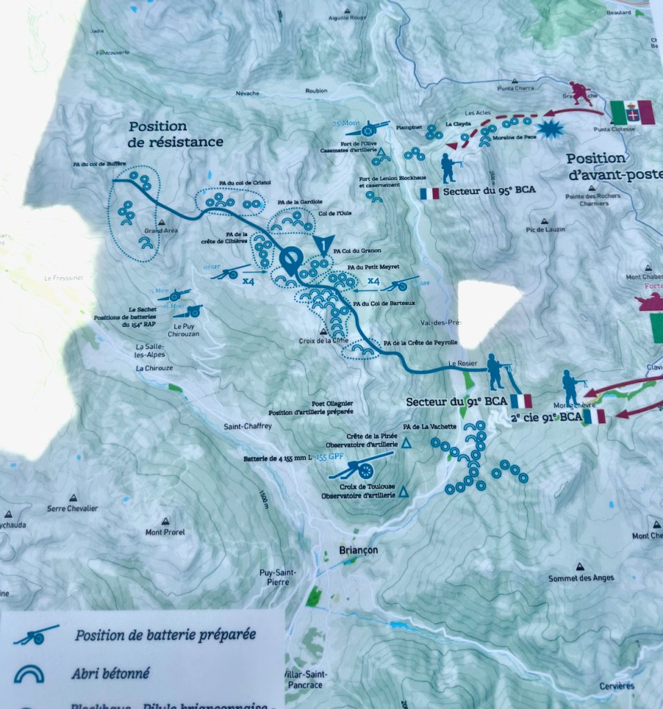 Map of WWII French/ Italian battle June 1940 at Col du Granon, site of WWII operations,les Hautes-Alpes, Serre Chevalier, Provence, France
