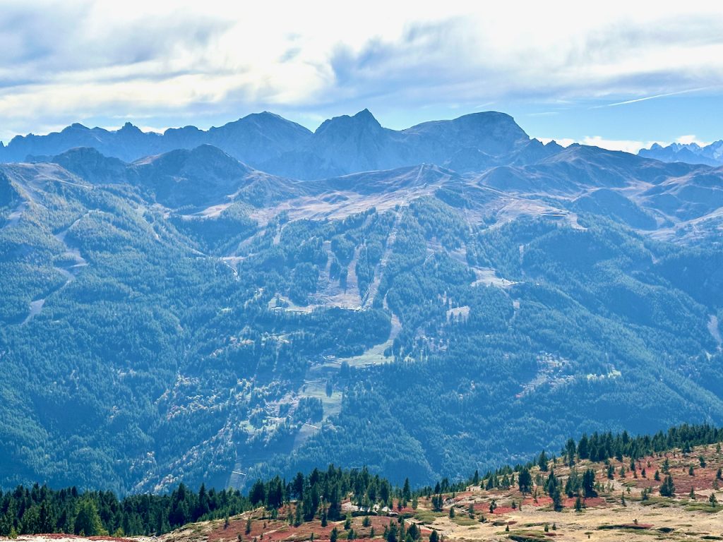 Serre Chevalier ski slopes at Chantemerle from Col du Granon, les Hautes-Alpes, Serre Chevalier,Provence, France