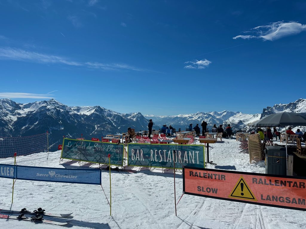 Bar with views towards Briançon, Serre Chevalier, French Alps