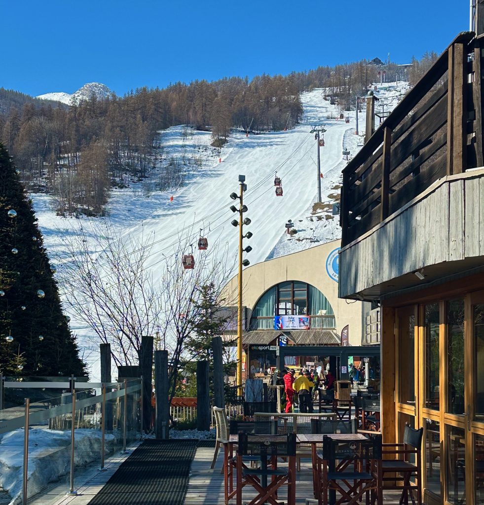 By The Grand Hotel looking at the slopes of Serre Chevalier, Chantlmerle, French Alps