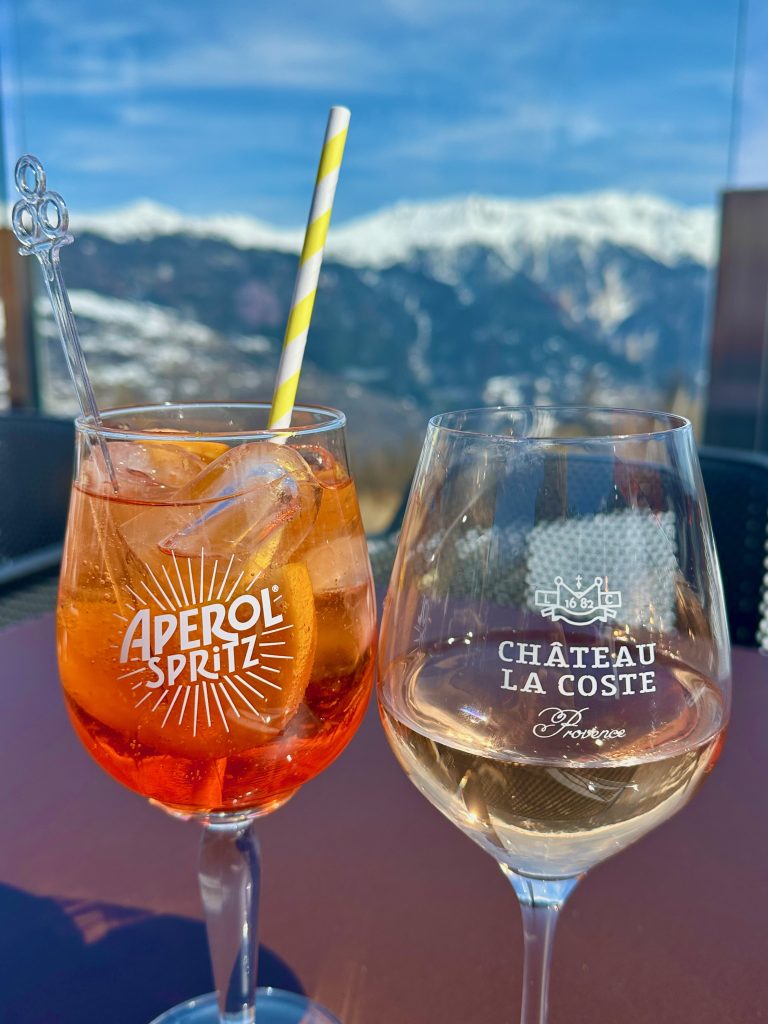 'Cheers' on the ski slopes,L'Aravet Restaurant on the ski slopes at Serre Chevalier, French Alps