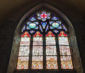Stained glass window in Church in Saint Suliac, Brittany, France