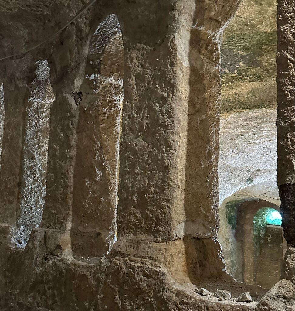 View through the arches in Monolithic Church of Saint-Jean, Charente, Western France